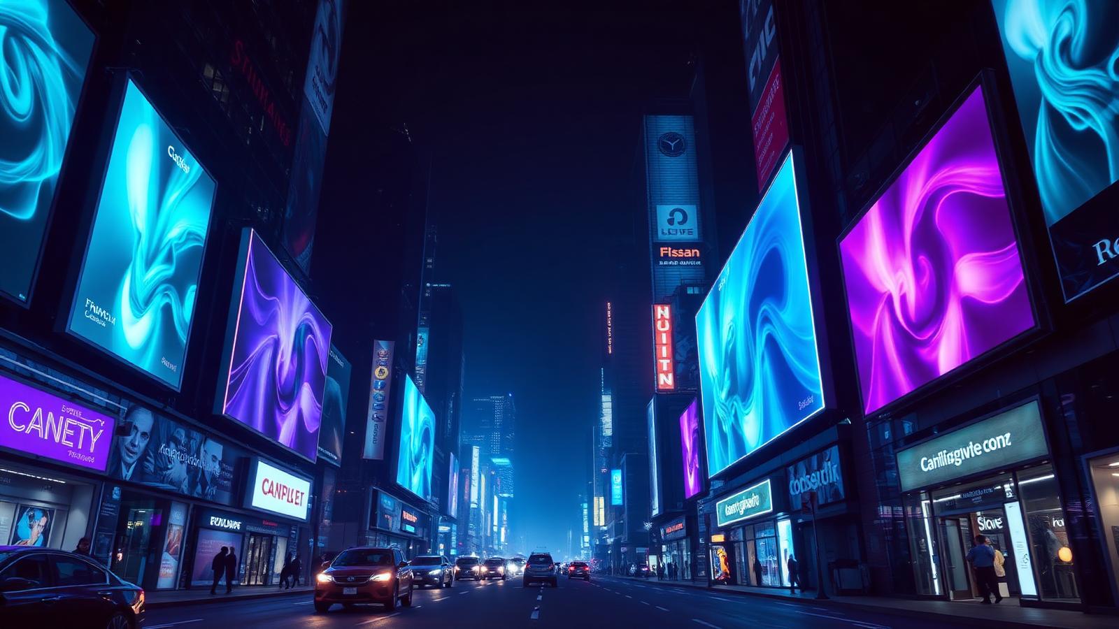 Cidade futurista com painéis publicitários